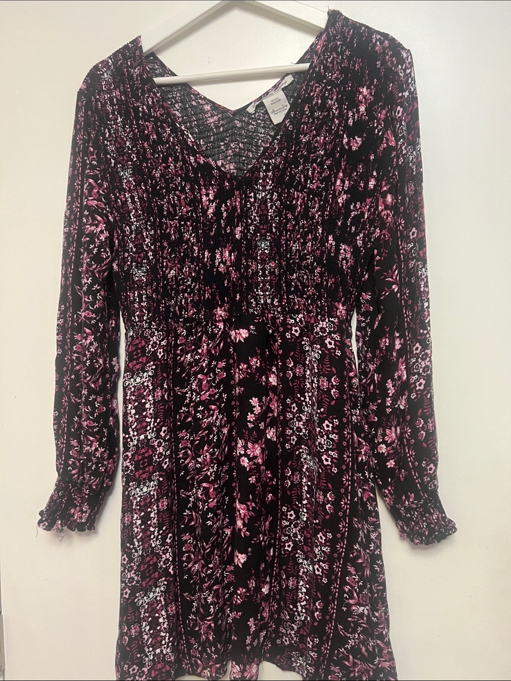 American Rag Black & Pink Floral Boho Long-Sleeve Smocked Dress
